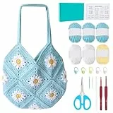 ORIGACH Häkel Tasche Set Für Anfänger, DIY Daisy Granny Square Tasche Starter Häkelset Für Erwachsene Mit Schritt Für Schritt Videoanleitung, Aquablau