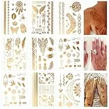 9 Blatt 125+ Gold Flash Tattoos Erwachsene, Festival Tattoos zum Aufkleben, Tatoo Temporäre Damen, Klebetattoos Festival Zubehör, Gesichtstattoo Karneval Glitzer Accessoires für Party