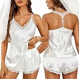 RSLOVE Damen Schlafanzug Satin Pyjama - Sexy Pyjama Set Frauen Nachtwäsche Zweiteiliger V-Ausschnitt Ärmellos Weiß S