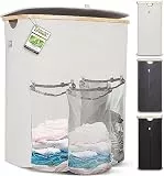 Hennez Wäschebox 150L - Wäschekorb 3 Fächer - Deckel - Wäschesortierer mit Wäschesack - Laundry Baskets - beige Bambus - Wäschetonne - Wäsche Sortiersystem - Wäschesammler