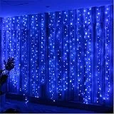 HXWEIYE 300LED Blau Lichtervorhang, 3mx3m Lichterkettenvorhang USB 8 Modi LED Lichterkette mit 12 Haken Fernbedienung Timer verstellbare Helligkeit für Weihnachten Party Innen und außen Deko