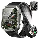 Smartwatch Herren Militär, 100 Tage Akkulaufzeit/LED Taschenlampe/Kompass/2 Armbänders/IP68 Wasserdicht, 100+Sportmodi Sportuhr, Anrufe tätigen/Empfangen Smartwatch Outdoor Fitnessuhr für Android iOS