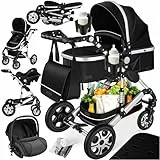 KESSER® Loops 4 in 1 Kinderwagen Kombikinderwagen Komplett-Set inkl. Babywanne & Buggy Sportsitz & Auto-Babyschale Voll-Gummireifen Wickeltasche Regenschutz Kindertisch ECE R129, Schwarz/Silber