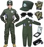 Tacobear Kampfjet Pilot Kostüm Kinder Jungen Flieger Kostüm mit Kappe Handschuhe Sonnenbrille Piloten Overall Uniform Halloween Fasching Karneval Kostüm Cosplay (130, 6-7 Jahre)
