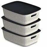 EDANTI 3x Aufbewahrungsbox mit Deckel 3er-Set 10L Organizer Kunststoff Behälter Durchbrochener Container Stylisch Modische Kleiderboxen Stapelbar Box Plastik (Hellbeige)
