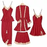 Sapjon Damen-Pyjama-Set, 5-teilig, Seiden-Pyjamas für Damen, süße Nachtwäsche, Loungewear, Satin, Pyjama-Set für Damen, weich, Weinrot, S