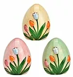 Logbuch-Verlag Keramik Osterei mit Blumen Deko 3er Set Beige Rosa Grün 6x8x6 cm Frühling Osterdeko zum Hinstellen Ei Figur