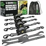 Rhino USA Selbstaufrollende Spanngurte (4er-Pack) - 2.5cm x 3m (540kg Bruchfestigkeit) - Hochleistungs-Automatik-Spanngurte für LKW, Anhänger, Motorrad, Fahrrad & Mehr - Grau