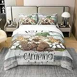 Homewish GNOME 100% Baumwolle Bettbezug 220x240 Camping Zwerg Bettwäsche Set für Kinder Männer Frauen Marshmallows Bonfire Wald Braun Grün Tröster Abdeckung Weich Bequem Bett Set