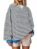 Imily Bela Sweatshirt Damen Gestreift Pullover Oversized Langarmshirt Rundhals Ohne Kapuze Pulli Striped Shirt Y2K Oberteile Tops.Schwarz.XXL