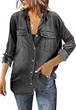 Saodimallsu Damen Jeanshemd Langarm Bluse Button Down Denim Hemden Casual Regular Fit Jeansjacke mit Brusttaschen Schwarz S