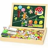 Jojoin 130 Stücke Magnetisches Holzpuzzle - 2025 Neu Montessori Holzpuzzle mit Doppelseitig Magnetisch | Wald | Bauernhof | Obst | Bus - Kreativ Spielzeug für Kinder