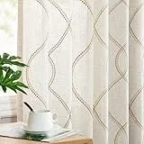 TOPICK Leinenoptik Vorhänge Beige Verdeckte Schlaufen Gardinen Blickdicht mit Goldfaden Stickerei Vorhang Modern Geometrisch für Wohnzimmer Gestickt Halbtransparent Privatsphäre 2er Set H145xB140cm