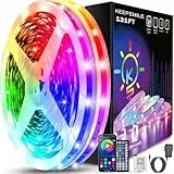 Keepsmile LED Strip 15M RGB, Bluetooth LED Streifen mit APP & Fernbedienung, Musik Sync, Dimmbar Farbwechsel Lichtband, Selbstklebend LED Beleuchtung für Zimmer, Schlafzimmer, Gaming, Party & Deko