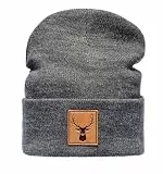 Baddery Beanie - „Hirsch“ - Strickmütze mit Leder-Patch (One Size - Grau)