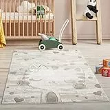 carpet city Kinderteppich Creme, Beige - 120x160 cm - Tier-Motiv Katze, Herzen - Kurzflor Teppiche Kinderzimmer, Spielzimmer