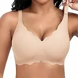 Jiuday Damen BH ohne Bügel Spitzen Soft BH Große Brüste Starker Halt Push Up Bügelloser BHS Gepolstert Seamless Bequemer Nahtloser Bra V-Ausschnitt Bralette (Beige,3XL)