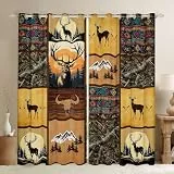 Wild Deer Fenster Vorhänge, Western Abenteuer Tier Jagd Kabine Dekor Home Decor Vorhänge, Boho Tribal Grid Patchwork Langlebige Fenster Vorhänge für Kinder,2 Panels, M Größe,Guter Schattierungseffekt