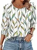 XIEERDUO Bluse Damen Rundhals 3/4 Ärmel Oberteile Elegant Sommer Tunika Tops Longshirt Lässige T-Shirt Gebogener Saum Blattdruck XL