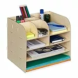 Relaxdays Schreibtisch Organizer mit Dokumentenablage, 10 Fächer, HBT: 27,5 x 32,5 x 25 cm, Büroorganizer MDF, hellbraun