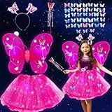Shinybox Feen Kostüm Kinder für Mädchen, 42 Stück LED Schmetterling Flügel Tutu Rock Zauberstab Stirnband mit 38 DIY Schmetterling Dekoration, Feenflügel Kinder Schmetterling für Cosplay Party(Rose)