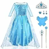 URAQT Kostüm Kinder Mädchen, 9-teiliges Set Kleid Kinder mit Krone Diadem Handschuhe Zauberstab für Weihnachten Verkleidung Karneval Halloween Geburtstag Party(130)