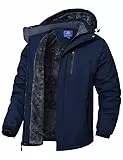 Zzkouine Herren Ski Jacke, atmungsaktiv, warm gefütterte Winterjacke mit abnehmbarer Kapuze, Ski Regenmantel mit Kapuze-Navy Blue-L