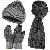 Tofern 3 In 1 Mütze, Schal & Handschuh-Sets für Damen Herren - Winter Beanie Strickmütze, Langer Schal, Verdickte Und Weiche Wolle Handschuhe