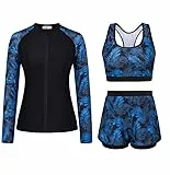 JASAMBAC Damen Badeanzug Bauchweg 3-Teiliger Rash Guard Set Langarm Badeshirts Bikini Oberteil Und High Waist Badeshorts Reißverschluss Bademode Surfanzug Schwimmanzug