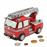 Dekohelden24 Spardose als Feuerwehr aus Poly - Sparauto - Sparbüchse in rot mit Gummiverschluss, Größe L/B/H: ca. 15 x 7 x 10 cm