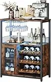 Garvee Weinschrank Weinregal Industrial mit Led Licht Barschrank mit Verstellbarem Weinregal und Glashalter Getränkeaufbewahrung Weinbarschrank für Küche Esszimmer Wohnzimmer 70x35x92 cm Retro