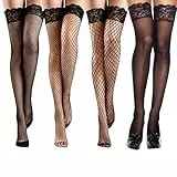 Halterlose Strümpfe für Damen, 4 Paar Netzstrümpfe in verschiedenen Maschenweiten, Elastische und Weiche Strümpfe für Täglichen Gebrauch und Besondere Anlässe, Schwarz