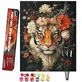 Bougimal Malen Nach Zahlen Erwachsene Tiere Ohen Rahmen inklusive Pinsel und Acrylfarben - 40 x 50 cm, Tiger im Blumenmeer 2