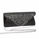 Damen Glitzer Clutch Abendtasche Clutch Damen, Elegante Envelope Tasche Kettentasche Glänzend Handtasche für Wedding Prom Party (Schwarz)