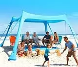 Purebox Strandzelt - Strand Sonnensegel mit UPF 50+, Einfacher Aufbau, mit 8 Sandsäcken, 10x10FT Sonnenschutz Strandzelt für Strand, Camping, Angeln, Picknick