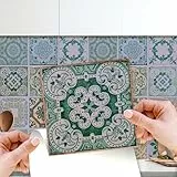 WALPLUS 24 Stück 15x15cm Vintage Green Antique Azulejo Wandfliesen Aufkleber Küchenrückwand Selbstklebende Fliesen Küche Bad Dekoration Fliesenfolie Fliesenabziehbilder