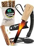 Set: Feuerstahl 10mm + 6 x Zunder| Feuerstein mit Handgefertigtem Holzgriff für noch besseren Funkenflug |Feuerstarter + Zunder für Feuerstahl Outdoor + Paracord + Notfallpfeife + Beutel