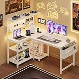 YOUDENOVA Gaming Schreibtisch L-Form mit LED, Steckdose & USB, Wendbarer Eckschreibtisch mit Regal & Lochwand, 120x80cm Computertisch mit Stauraum & PC-Halter, Gamer Tisch für Homeoffice & Gamer Weiß