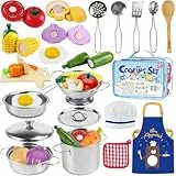 Airlab Kinderküche Spielküche Zubehör, Küchenzubehör Töpfe Holz & Edelstahl, Puppenküche Kochset, Holzspielzeug Kinder Küche Zubehör Töpfe mit Gemüse, Pädagogische Rollenspiele Geschenk für Kinder