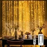 LQWELL LED Lichtervorhang mit Fernbedienung, 3 x 3m 300 Leds Lichterkettenvorhang mit Timer, Dimmbar, Warmweiß 8 Modi Lichterkette Fenster für Innen Außen Zimmer Hochzeit Party Weihnachten Deko