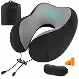 CNMTCCO Nackenkissen Flugzeug, Verstellbares Nackenhörnchen Memory Foam, Ergonomisches Flugzeug Kissen mit Ohrstöpseln, Augenmaske,Tragetasche, Reisekissen für Reise Airplane, Auto, Erwachsene Schwarz