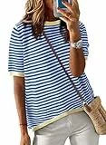 Cuptacc Tops Damen Gestreiftes T Shirt Damen Sommer Rundhals Oberteile Locker Bluse Baumwolle Top Blau Mittel M 38-40