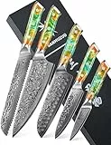 SANMUZUO Damast Küchenmesser Set, Chef Damastmesser Kochmesser Set- Küchenmesser Set von 5-Stück, Ultra-Sharp VG10 Damaskus Stahl mit Harz Griff, Xuan Serie(Dream Orange)