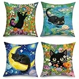 Joymaison Kissenbezüge 45x45 cm 4er Set Frühlings Blumen Schwarze Katze Dekorative Kissenbezug Vintage Katzen Bunten Wildblumen Deko Kissenhülle für Katzenliebhaber Sofa Couch Schlafzimmer Wohnzimmer