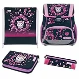 herlitz Schulranzen Set 4-teilig Loop Blossom Dance Schwarz Pink 17 L Ergonomischer Tornister mit geringem Gewicht 1. Klasse Junge Mädchen Kinder