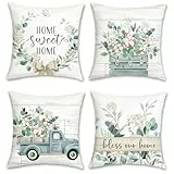 Bonhause 4er Set Kissenbezüge Eukalyptus Blätter 45 x 45 cm Blau LKW Home Sweet Home Samt Soft Dekorative Kissenhülle Zierkissenbezüge für Zuhause Garten Dekoration