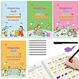 Larcenciel Magische Vorschule Übungshefte, 4 Deutsche Magisches Heft + Magische Kalligraphie Stifte + Schreibhilfe + Nachfüllen, Buchstaben Lernen, Schreiben Lernen, Zahlen lernen, Zeichnen Lernen