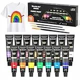 Shuttle Art Textilfarbe waschmaschinenfest, 15 x 12ml Stoffmalfarben waschfest in Tube mit 3 Pinseln, wasserfeste Stofffarben für Erwachsene, Kinder zum Malen und Färben auf T-Shirt, Schuhe, Jeans