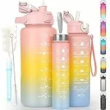 CodiCile 3 Stück Trinkflasche 2L 700ML 300ML, Wasserflasche Auslaufsicher, 2 Litre Trinkflasche mit Strohhalm, BPA Frei Sportflasche mit Zeitmarkierung für Fahrrad, Fitness, Wandern, Outdoor (Rosa)