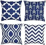 TIDWIACE Kissenbezug aus Baumwolle und Leinen, dekorativ, quadratisch, modern, für Sofa, Schlafzimmer, 45 x 45 cm, mit unsichtbarem Reißverschluss, Marineblau, 45 x 45 cm